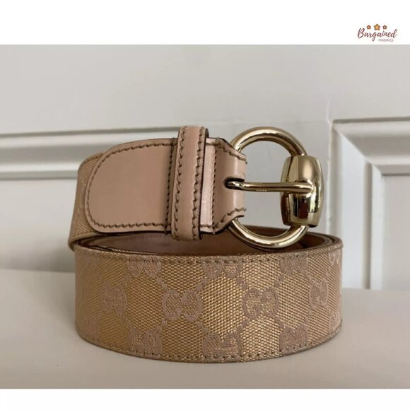 Authentic Gucci Pink Monogram Canvas Calfskin Gold Horsebit Buckle Belt 95/38 main image 8